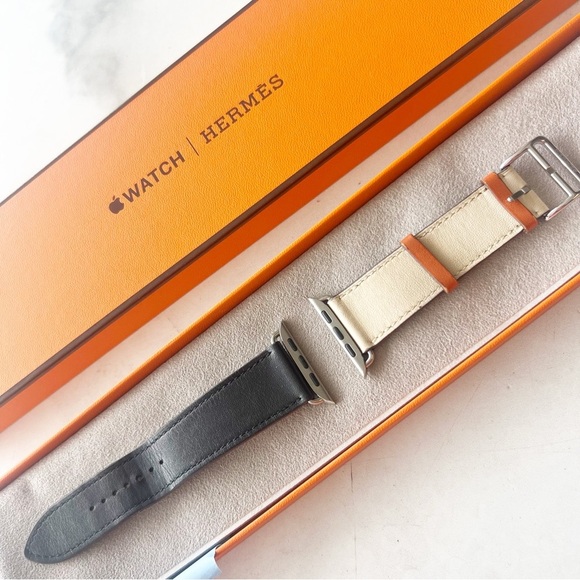 HERMES Apple Watch 44mm Tri-Color 45mm White/Black Single Tour Leather Band - Picture 6 of 8
